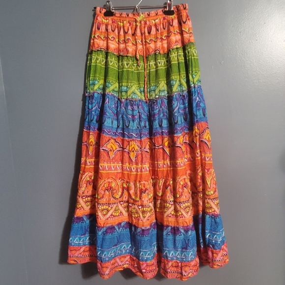 Jane Ashley Tiered Maxi Skirt 100% Cotton Bright Colors Size M - Picture 1 of 6
